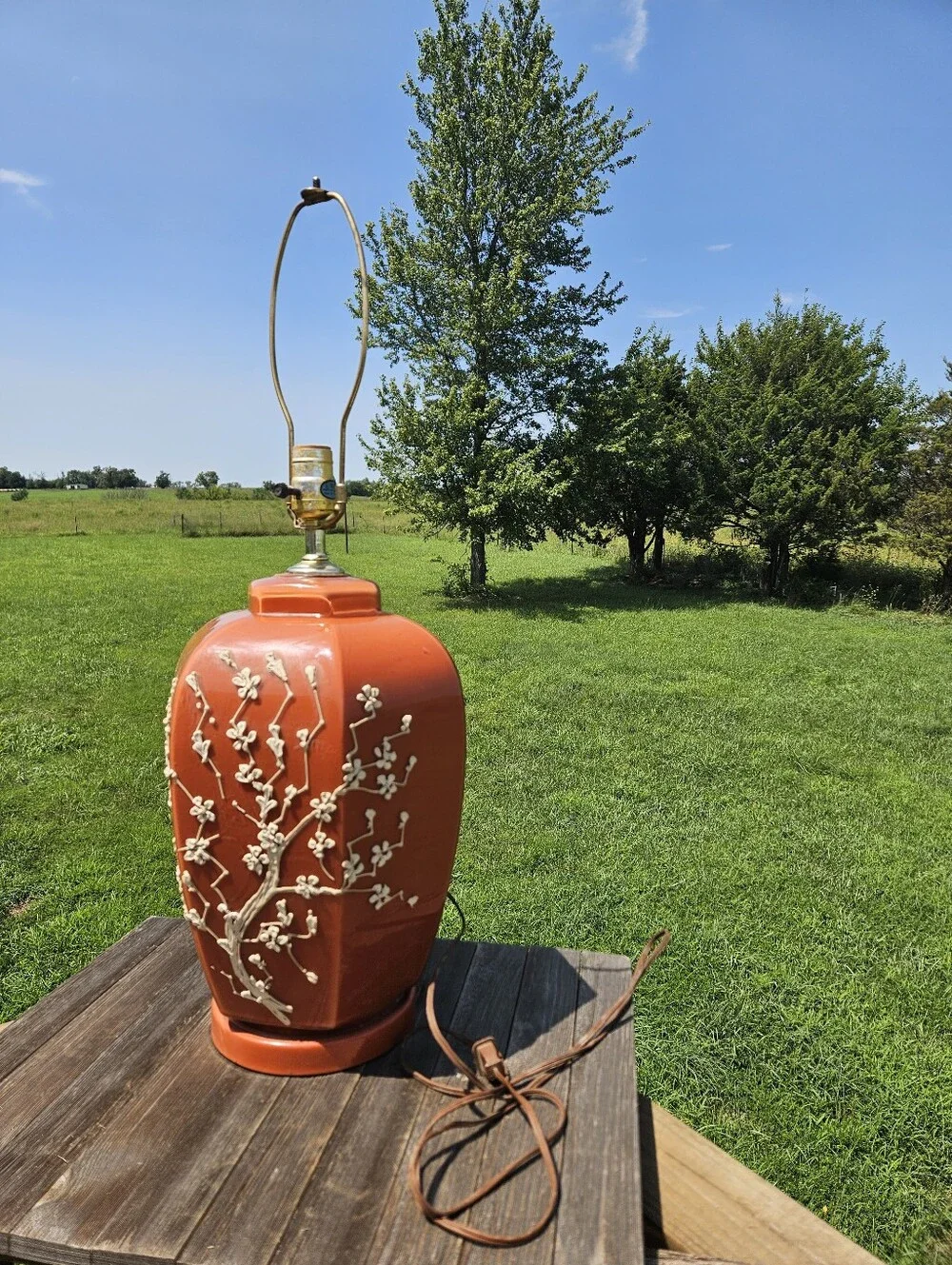 VTG Chinoiserie Hollywood Regency Ginger Jar Lamp Orange Raised Flower Cherry Bl